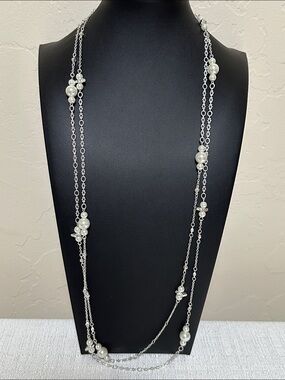 Dillards Silver Tone Faux Pearl Station Necklace